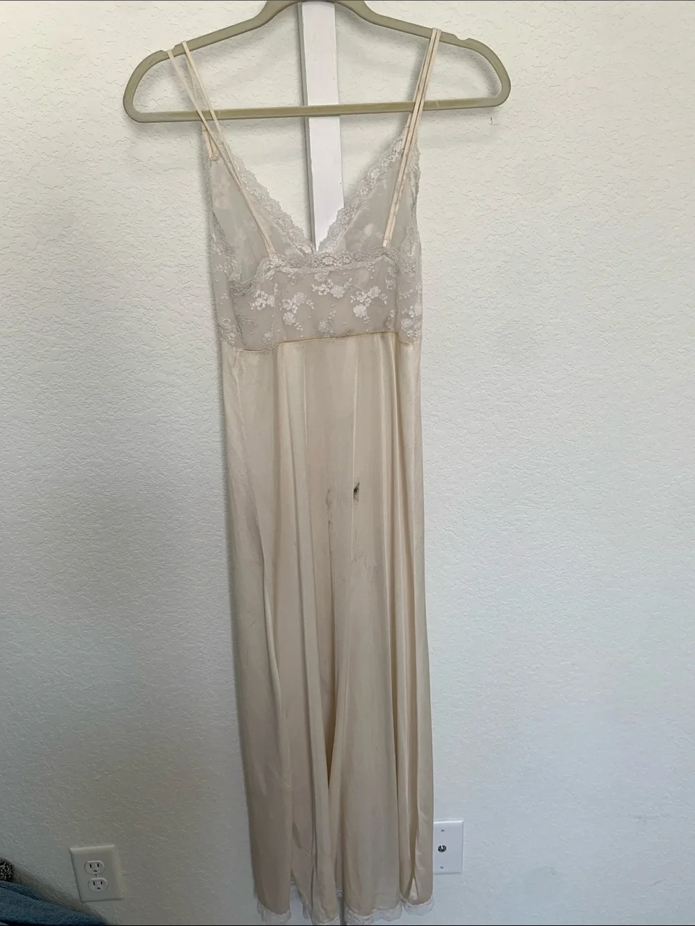 Vintage Sheer Lace-Top Slip Maxi Nightgown in Cream
